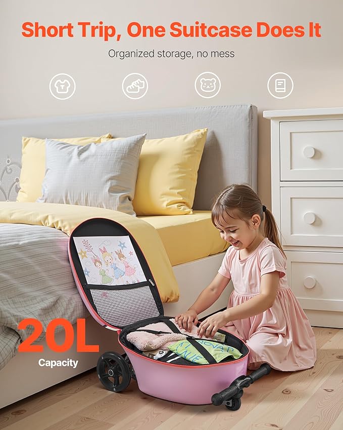 VEVOR Ride-on Luggage, 20 L Capacity, 20 Inches Kids Scooter Suitcase with Flash PU Wheels, Adjustable Handle & TPR Non-Slip Grip, Foldable & Lightweight Scooter Luggage for Kids Aged 5+, Purple