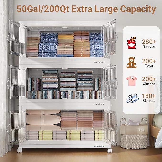 BROVIEW 600Qt Extra Large Stackable Storage Bins with Lid, Closet Organizer Collapsible Drawer Boxes with Wheels, Folding Plastic Cabinet Containers for Home Kitchen Room Organization, 3Pack White