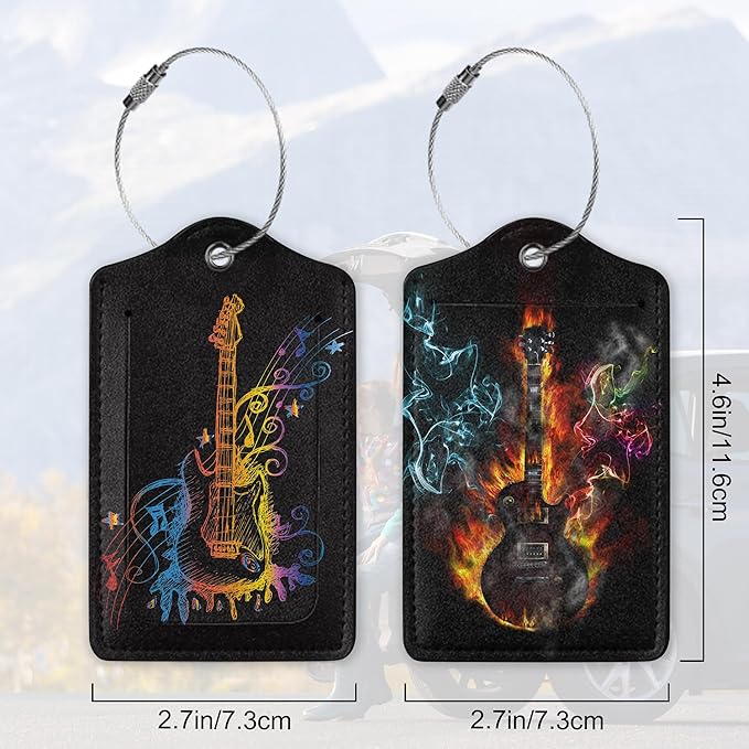 2 Pack Luggage Tags with Colorful Guitar for Suitcases, Burning Electric Guitar PU Leather Luggage Tag Accessories Privacy Cover ID Label with Stainless Steel Loop for Travel Bag for Women Girls