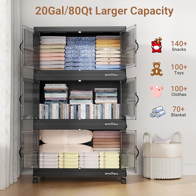 BROVIEW 240Qt Stackable Storage Bins with Lid, Extra Large Closet Organizer Collapsible Drawer Boxes with Wheels, Folding Plastic Cabinet Containers for Home Kitchen Room Organization, 3Pack Black