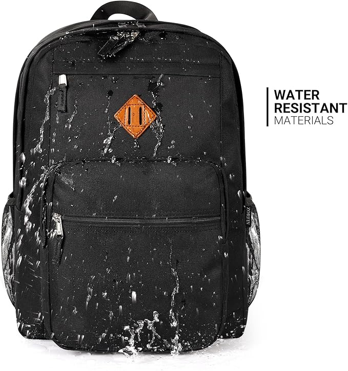 ZORFIN 26L Black Backpack for College, and Travel: Water Resistant Bookbag