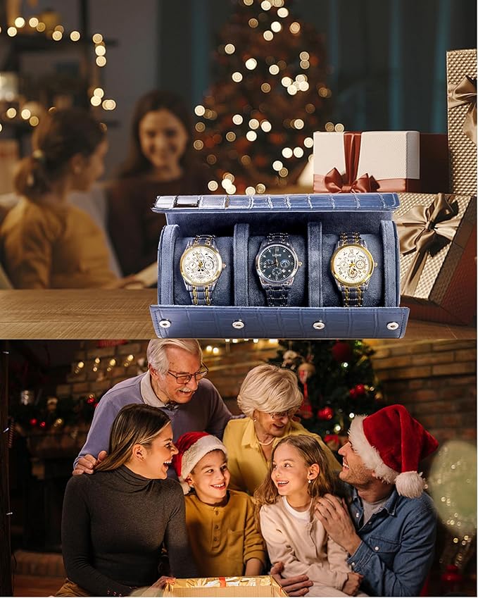 MR.OKAY 3 Watch Travel Case- Classic Leather Watch Case With Superb Texture. (Portable Watch Roll Or Organizer For Storage And Display).Festival Gift For Men, All Handcrafted By Artisans.