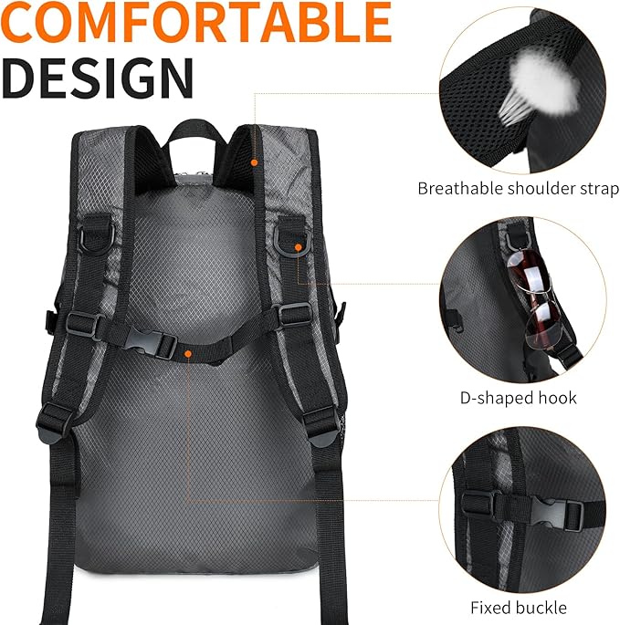 Hiking Daypack,30L Waterproof Hiking Backpack Packable Lightweight Travel Day Pack for Women Men (Grey, Large)
