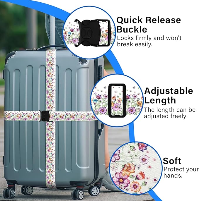 Luggage Straps for Suitcases, Travel Adjustable Belt with Quick Release Buckle, Heavy Duty Nylon Bag Packing Strap, Unique Bright Identifiers Business Travel Accessories (2 Pack) - Colorful Daisy
