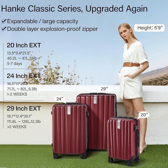 Hanke 24 Inch Expandable Checked Luggage Lightweight PC Hard Case Luggage Suitcases with Wheels TSA Luggage Rolling Large Suitcase Travel Luggage Bag for Go to University(Burgundy)