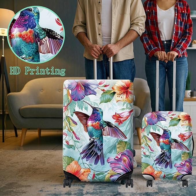 Luggage Cover Suitcase Protector + Tag, Hummingbirds Travel Cover for 22-24 inch Luggage (M), Concealed Zipper, Washable, Elastic, Dustproof, Anti-Scratch