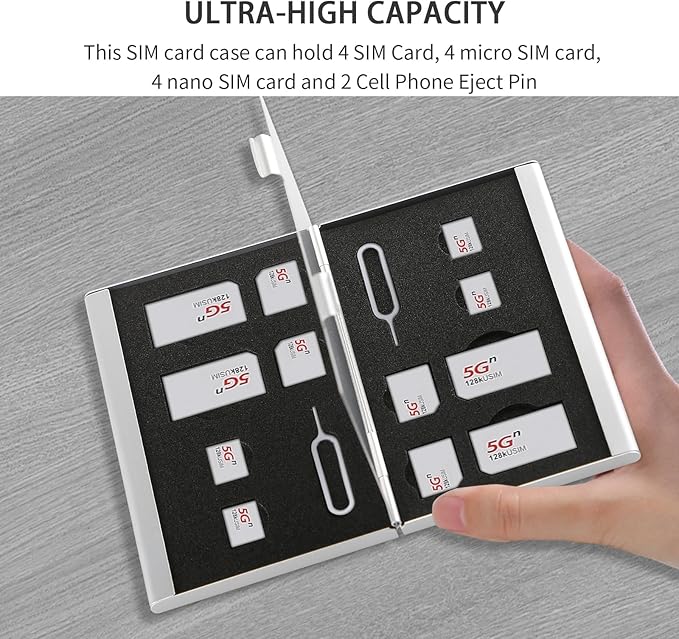 Aluminum SIM Card Case, 14Slots Ultrathin SIM Card Holder, Fit for 4 SIM Card, 4 Micro sim Card, 4 Nano sim Card and 2 Cell Phone Eject Pin Slots, Silver