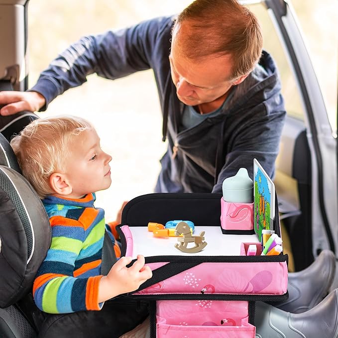 Kids Travel Tray, Car Seat Tray for kids Travel, Toddler Road Trip Essentials With Drawing Kit, Toddler Lap Desk Organizer for Car, Carseat Table for Airplane