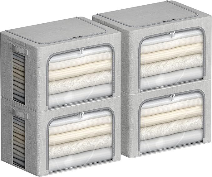 4 Pack Clothes Storage Bins with Metal Frame - Linen Fabric Foldable Stackable Container Organizer Set with Clear Window & Carry Handles & Zippers (Light Grey, 19.7"x15.7"x13")