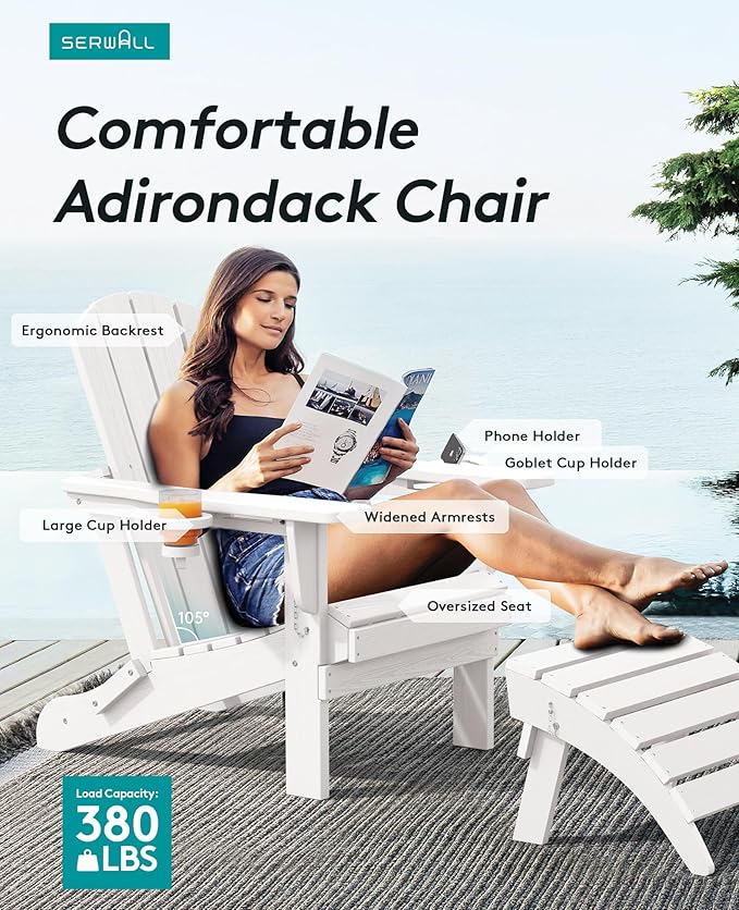 SERWALL Adirondack Chair with Cup Holders - Composite Adirondack Chairs HDPE Outdoor Chairs All Weather Use- White