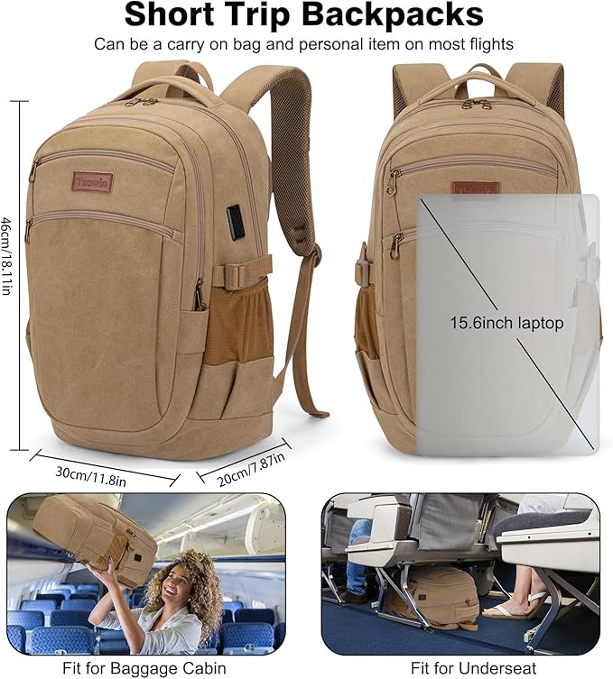 Tzowla Vintage Canvas Laptop Backpack for Men and Women,College Travel Work Rucksack with USB/Type-C Charging Port,Lightweight Bookbag Hiking Casual Daypack Backpacks Fit 15.6 Inch Notebook(Khaki)