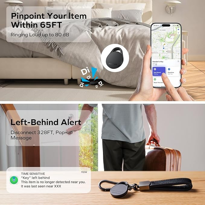 Momax Key Finder Tracker Tag - [Apple MFi Certified] Smart Bluetooth Tracking Device with Find My (iOS Only), Replaceable Battery, DIY Stickers, for Wallets, Luggage, Suitcases, Backpacks, 4 Pack