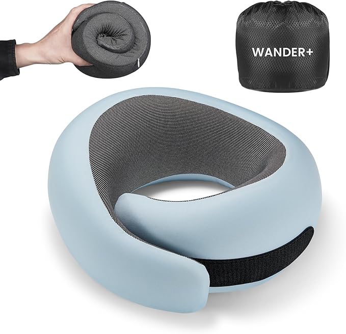 WANDER PLUS® Genuine Travel Pillow, 100% Pure Memory Foam Neck Pillow for Airplanes, Comfortable Breathable Cover, 360° Support Stowable Pillows for Sleeping, Car, Airport Travel Essentials Sky Blue