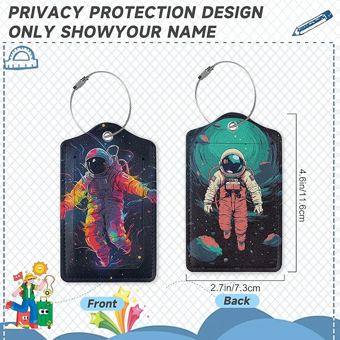Set of 2 Luggage Tags for Suitcases, Leather Astronauts in Space Baggage Tags with Stainless Steel Loop, Privacy Name ID Card Cover Kawaii Travel Labels for Women Men Kids Girls