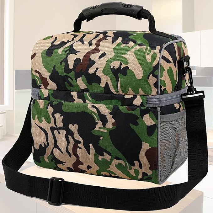 FlowFly Double Layer Cooler Insulated Lunch Bag Adult Lunch Box Large Tote Bag for Men, Women, With Adjustable Strap,Front Pocket and Dual Large Mesh Side Pockets