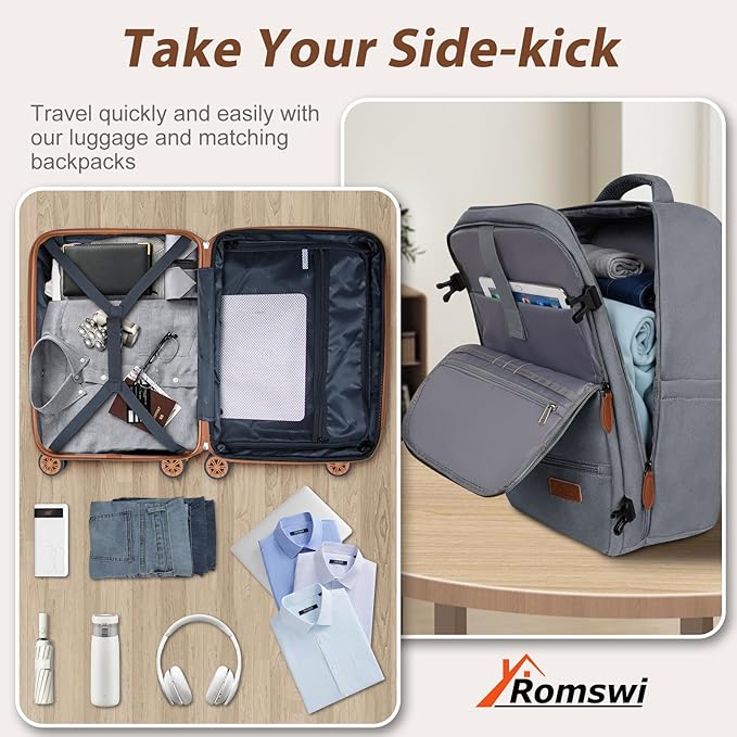 Romswi Luggage Sets 2 Piece, Expandable Carry On Luggage 20In with Travel Backpack, PC+ABS Hardside Suitcase Set with TSA Lock, Durable Carry On Suitcase with Spinner Wheels Silver