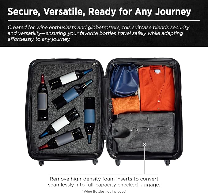 FlyWithWine® by VinGardeValise 12-Bottle Hard Shell Wine Suitcase with Hinomoto 360° Spinner Wheels – TSA Approved Wine Luggage with Removable Foam Insert and 18 Wine Accessories