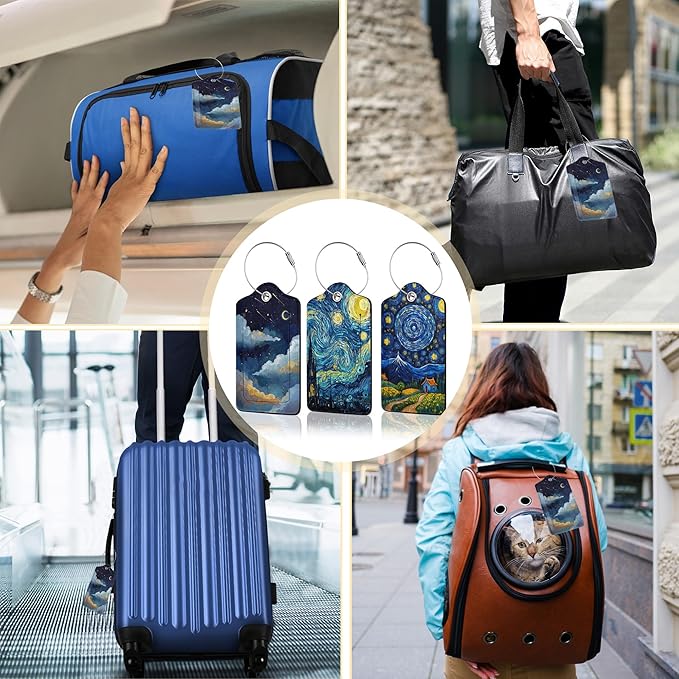 Starry Night Luggage Tags for Suitcase,3 Pack Luggage Tag Leather Privacy Cover ID Label with Stainless Steel Loop for Women Men
