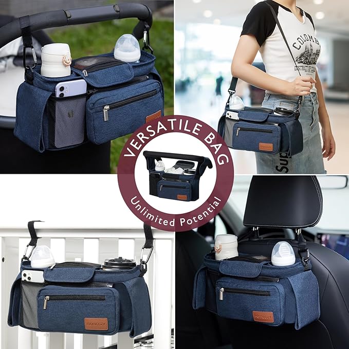 Momcozy Universal Baby Stroller Organizer, 2 Insulated Cup Holder, Detachable Zippered Pocket, Adjustable Shoulder Strap, Large capacity for baby essentials, Compact Design Fits Any Strollers
