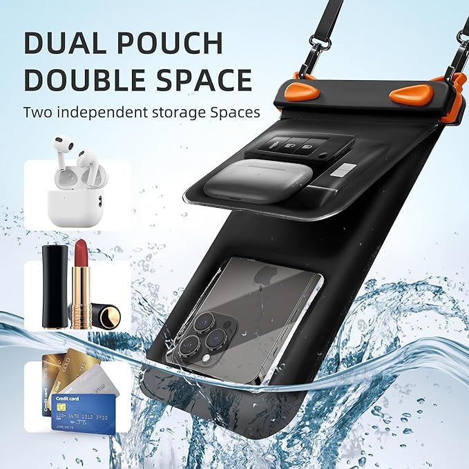 Waterproof Phone Pouch Double Pocket, Floating IPX8 8.5 inch Waterproof Phone Case for Beach Vacation Essentials for Compatible IPhone16 15 14 Pro Max Galaxy S25 S24 Ultra Phone Pouch Orange