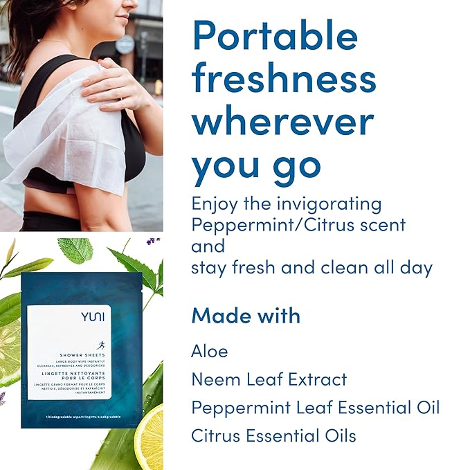 YUNI Beauty Large Body Wipes, Peppermint Citrus, 12 Count, Compostable, Biodegradable, No Rinse Body Cleanser, On-the-Go Shower Alternative
