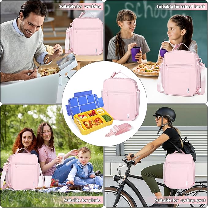 NOL Nylon Waterproof Kids Lunch Bag, Insulated Lunch Bag, Lunch box Cooler, Reusable, Zip Closure with Buckle Handle Holds Lunch Box, Snacks & Water Bottle for School Work,Pink