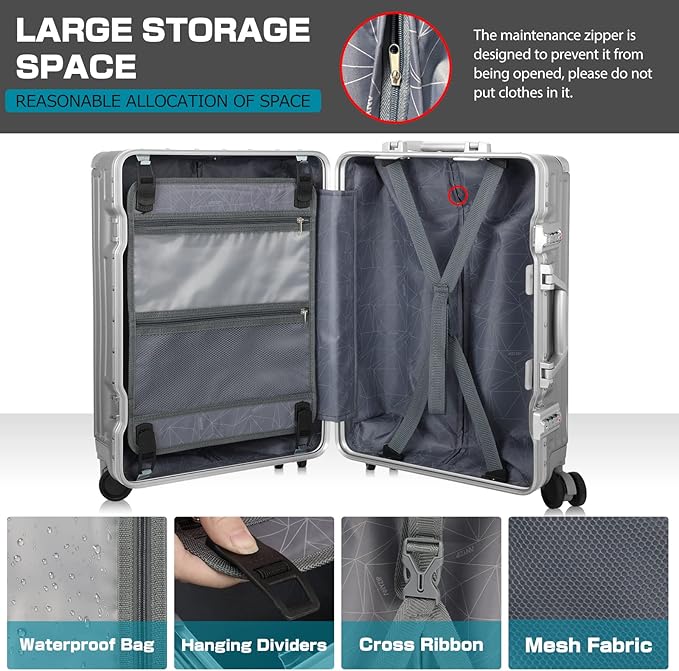 AnyZip Carry On Luggage - Aluminium Frame, PC ABS Hard Shell, Suitcases with Wheels, TSA Lock, No Zipper - 20in Silver