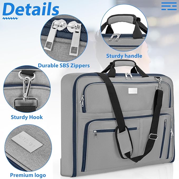 AKOZLIN Travel Luggage Garment Bag Foldable Hanging Suit Bag with Shoulder Strap For Men Women Business Grey