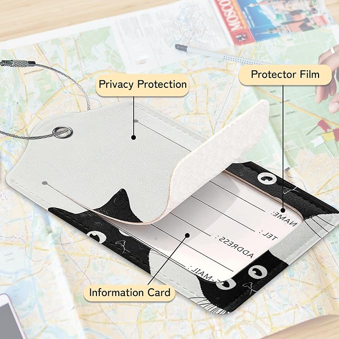 Black Cat Luggage Tag for Suitcase,Design with Privacy Flap Name ID Label Metal Loop, 3 Pack