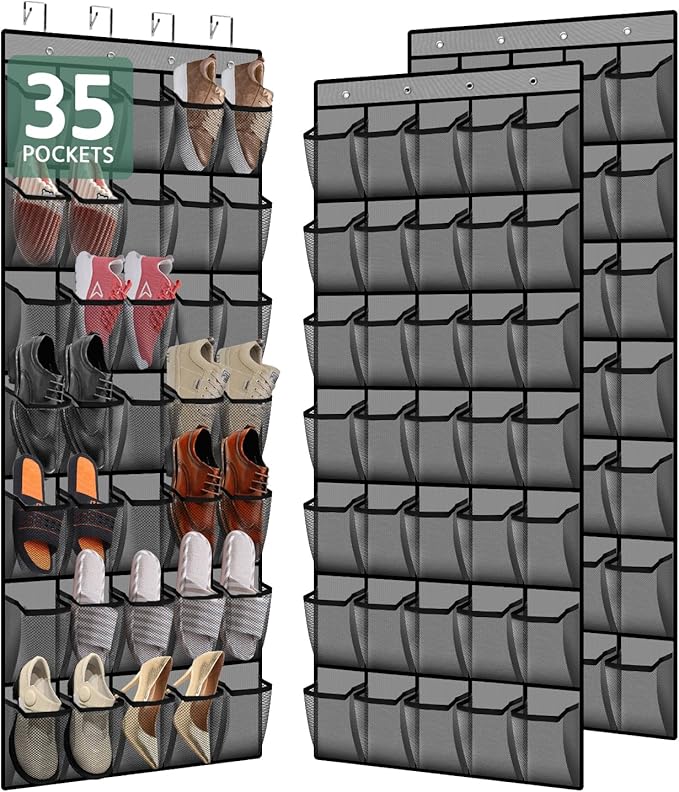35 Pocket Over the Door Shoe Organizer,Reusable Breathable Large Mesh Bag Men's & Women's Sneaker Organizer,Shoe Organizer for Kids,Hanging Shoe Storage Hanging Bag (2PCS-Gray)