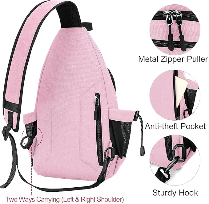 MOSISO Sling Backpack,Canvas Crossbody Hiking Daypack Bag with Anti-theft Pocket, Pink