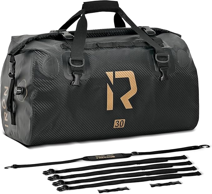 IRON JIA'S Motorcycle Dry Bag - Waterproof Duffle & Luggage Tail Bag Saddle Bags with Roll Top Closure, Shoulder Straps, Inner Pocket and Mesh Pocket (Carbon Fiber, 30L)