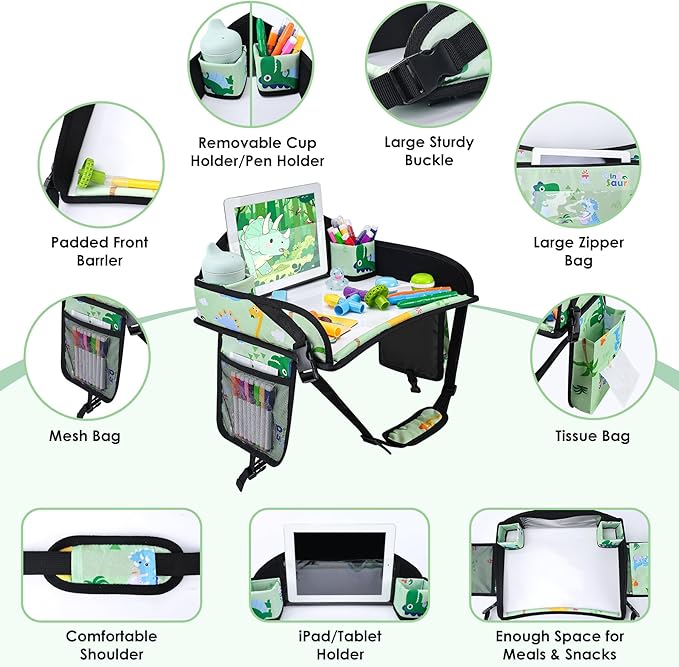 Kids Travel Tray, Kids Travel Trays for Car Seat, Road Trip Essentials for Toddler, Carseat Lap Tray with Dry Erase Board & Storage Organizer for Road Trip Activities for Kid, Green