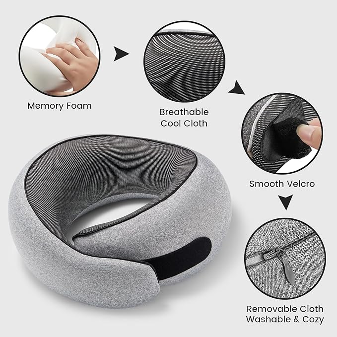 Travel Neck Pillows, 100% Memory Foam Filling, Travel Pillows for Airplanes, Compact and Ergonomic Design, Best for Sleeping Plane Train Travel Essentials (Light Grey)