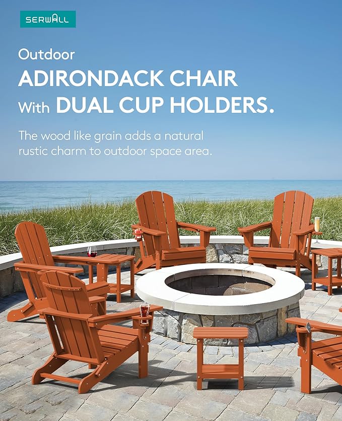 SERWALL Adirondack Chair with Cup Holders - Composite Adirondack Chairs Set of 4 HDPE Outdoor Chairs All Weather Use- Orange