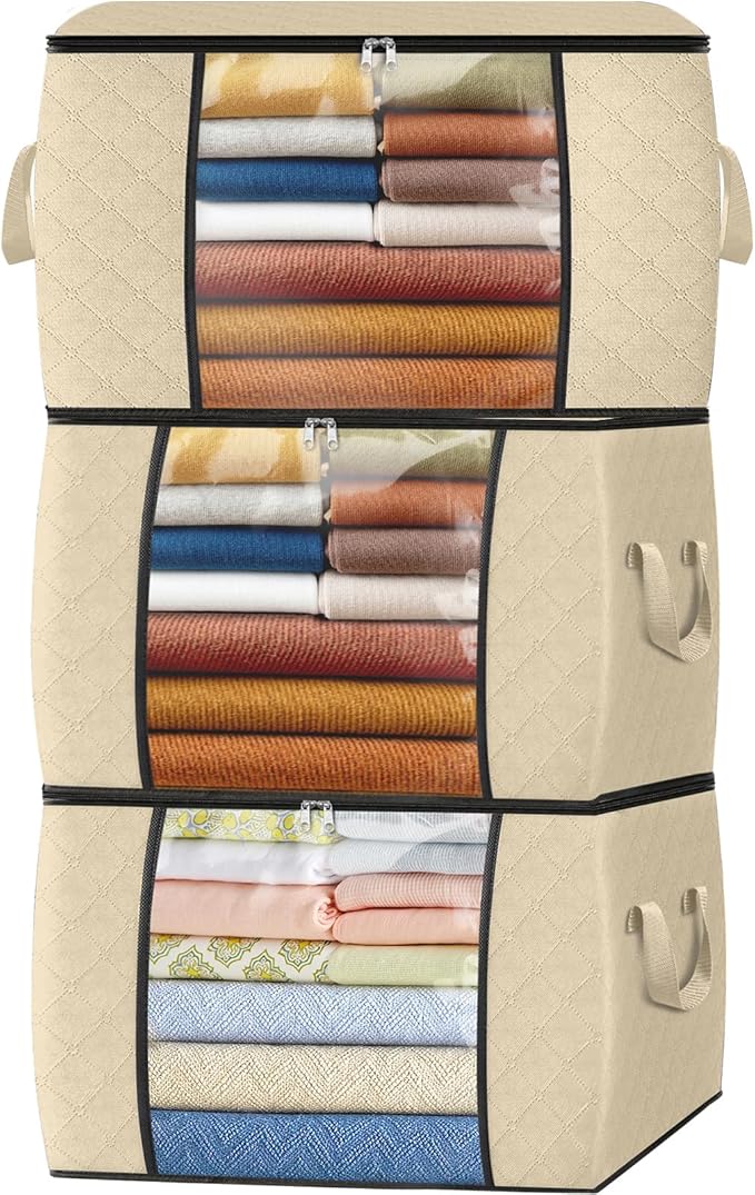 Fab totes 24 Gallons Clothes Storage, Foldable Thick Fabric Blanket Storage Bags, Containers for Organizing Bedroom, Closet, Clothing, Comforter, Organization with Handle (3 Pack,Beige)