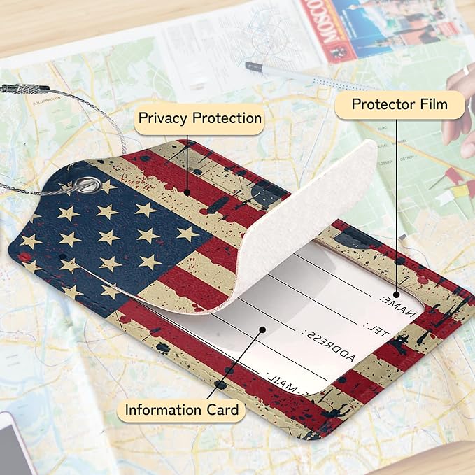 3 Pack PU Retro American Flag Leahter Luggage Tag with Stainless Steel Loop,Travel Suitcase Labels with Privacy Cover ID Label Quickly Spot for Bags