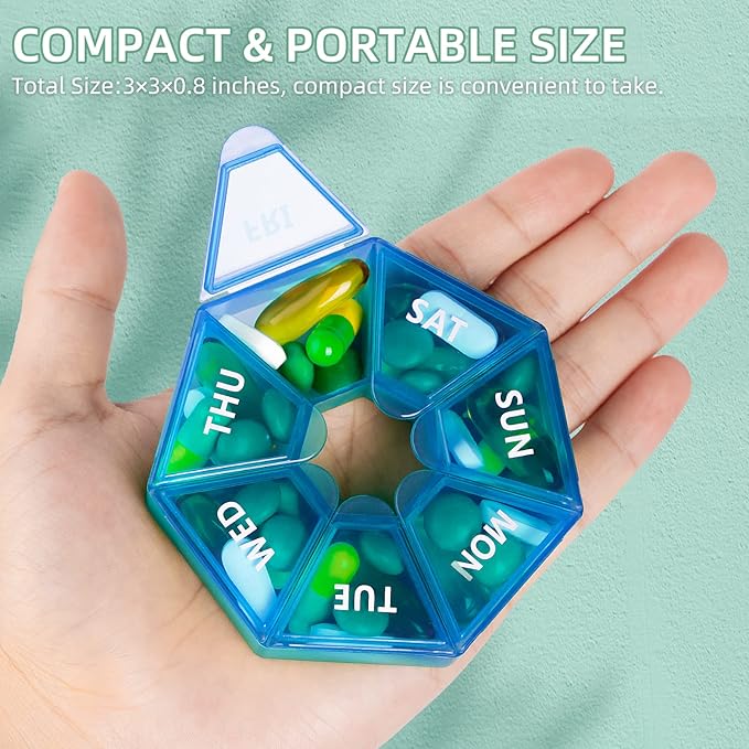 Weekly Pill Organizer, 2 Pack Portable Pill Box Medicine case 6 Colors (Seven Day) New Edition for Vitamin/Fish Oil/Pills/Supplements-Arthritis Friendly (Blue)