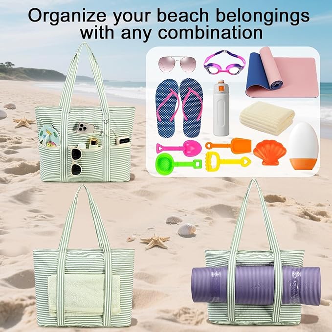 LEDAOU Beach Bags for Women, Beach Bags Waterproof Sandproof, Packable Beach Tote Bag with Zipper Travel Sports