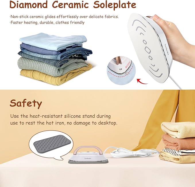 Newbealer Travel Iron with Dual Voltage - 120V/220V Lightweight Dry Iron for Clothes (No Steam), Non-Stick Ceramic Soleplate, 302℉ Heat Press Machine, w/Spray Bottle, Pouch & Silicone Stand (White)