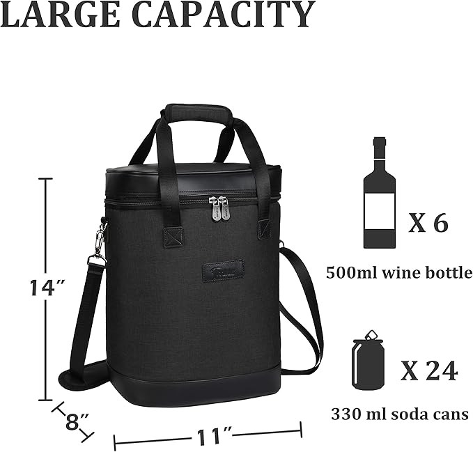 Tirrinia 6 Bottle Wine Cooler Bag - Insulated Padded Portable Versatile Wine Gift Carrier Tote Bag for Travel, BYOB Restaurant, Wine Tasting, Party, Pecfect Gift for Wine Lover, Black