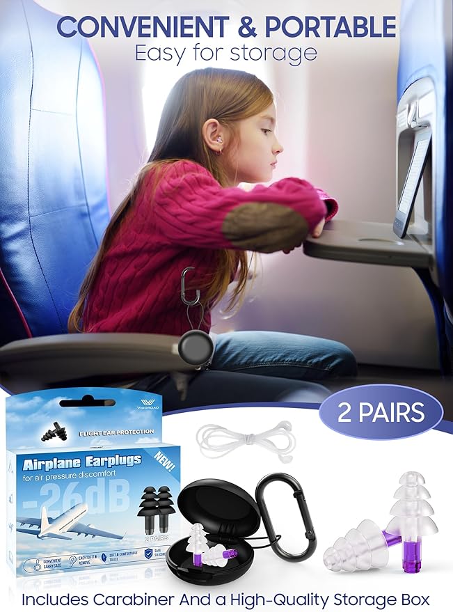 Ear Plugs for Airplane Pressure Relief, 2 Pairs Kids 6+, Adults/Small Canal Reusable Airplane Earplugs 26dB, with Silicone Connector Cord, Travel Essentials for Flying, Ear Protection Earplugs