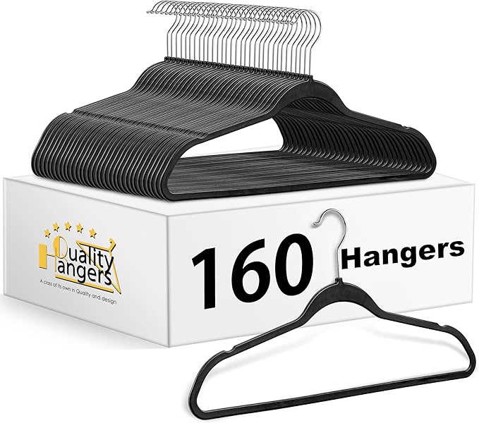 Quality Hangers 160 Pack Slim Plastic Hangers for Clothes - Heavy Duty Non-Velvet Hangers with 360° Swivel Chrome Hook & Non Slip Notches - Ideal for Dresses Coats Shirts Jackets & More - Black