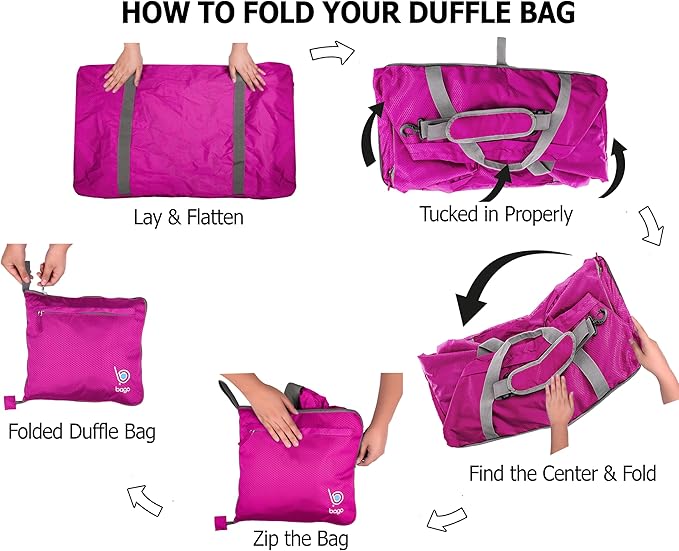 Bago Large Foldable Duffel Bags for Traveling Women & Men - 120L Packable Duffle Bag for Travel with Shoe Compartment - Water Repellant, Heavy Duty, Lightweight Folding & Collapsible (Pink)