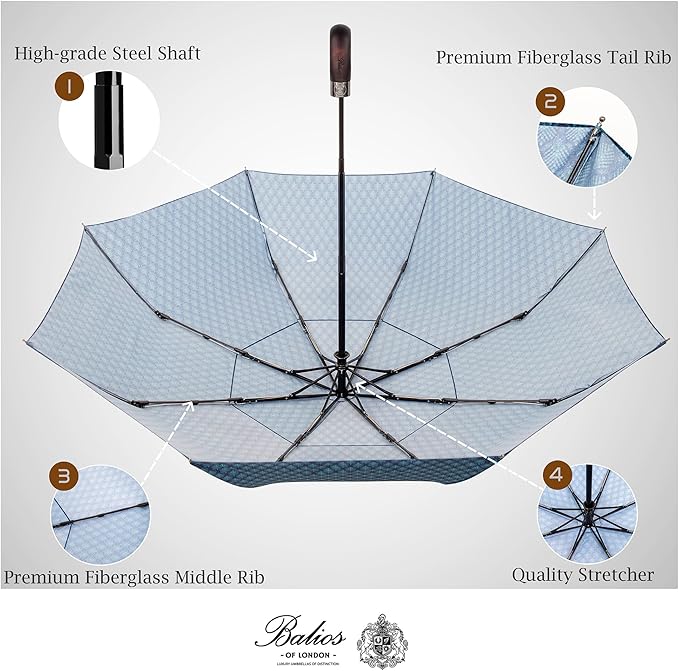 Balios Travel Folding Umbrella with Real Wood Handle Auto Open Close Vented Windproof Canopy - Designed in UK
