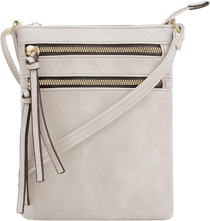 DELUXITY | Crossbody Purse Bag | Functional Multi Pocket Double Zipper Purse | Adjustable Strap | Medium Size Purse | Beige