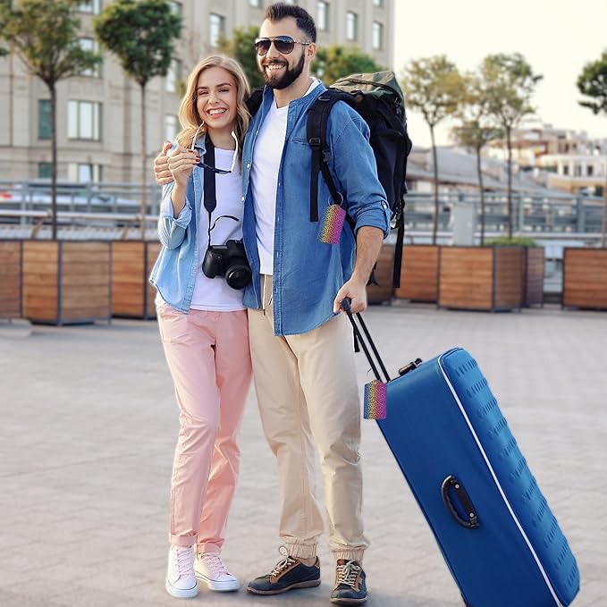 2 Pack Leather Luggage Tag for Suitcase Neon Rainbow Colored Leopard Print Unique Travel Tags with Privacy Cover ID Label & Stainless Steel Loop for Men and Women Baggage