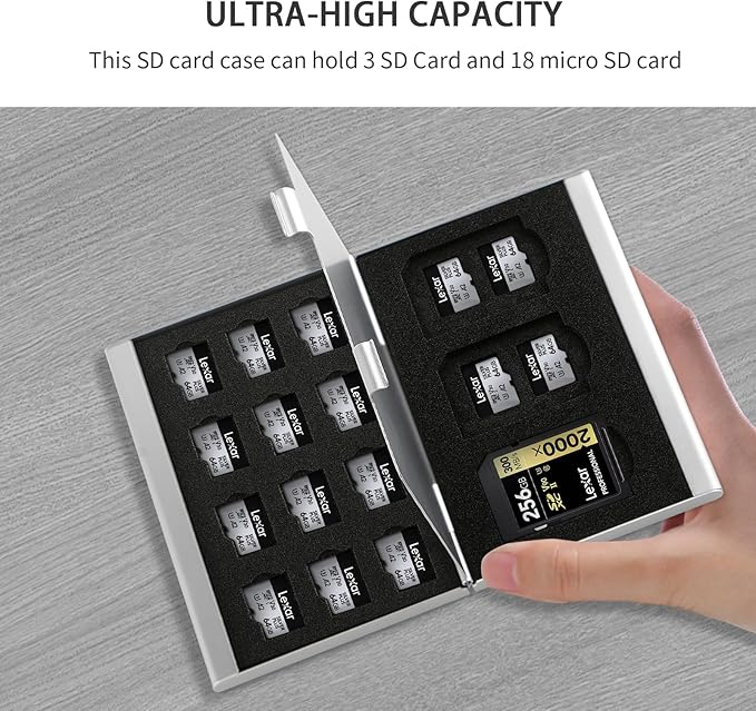 Aluminum SD Card Case, 21Slots Ultrathin SD Card Holder, Memory Card Storage Holder, Fit for 3 SD Card, 18 Micro SD Card, Silver
