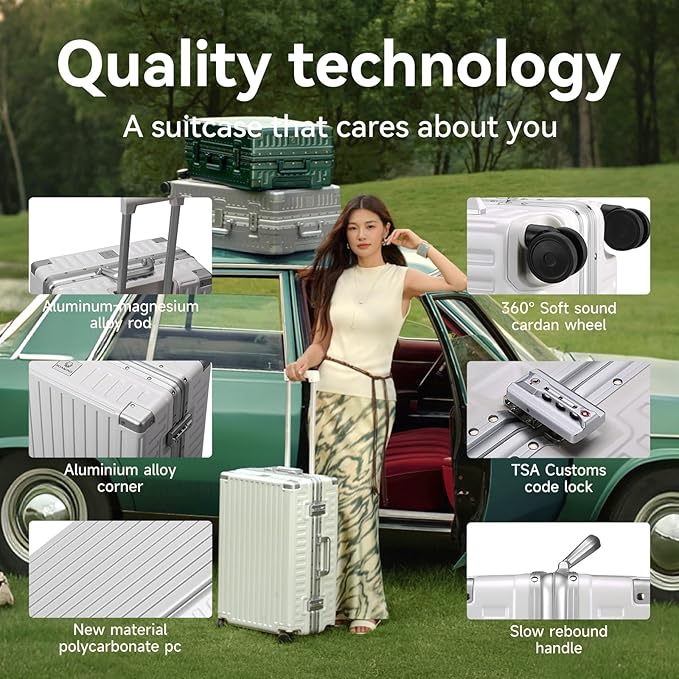 ROAMING Zipperless Luggage 24 Inch with Aluminum Frame, 3-Layer PC Trunk-Medium Lightweight Hard Shell Suitcase with Spinner Wheels, Metal Travel Luggage with Double TSA Locks, Shell white