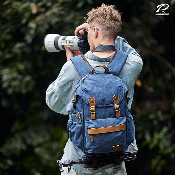 Padwa Lifestyle Blue Camera Backpack - Professional DSLR & UAV Camera Bag,Anti Theft Canvas Camera Backpack with Rain Cover,Large Capacity Photography Travel Camera Bag with Multi Compartments